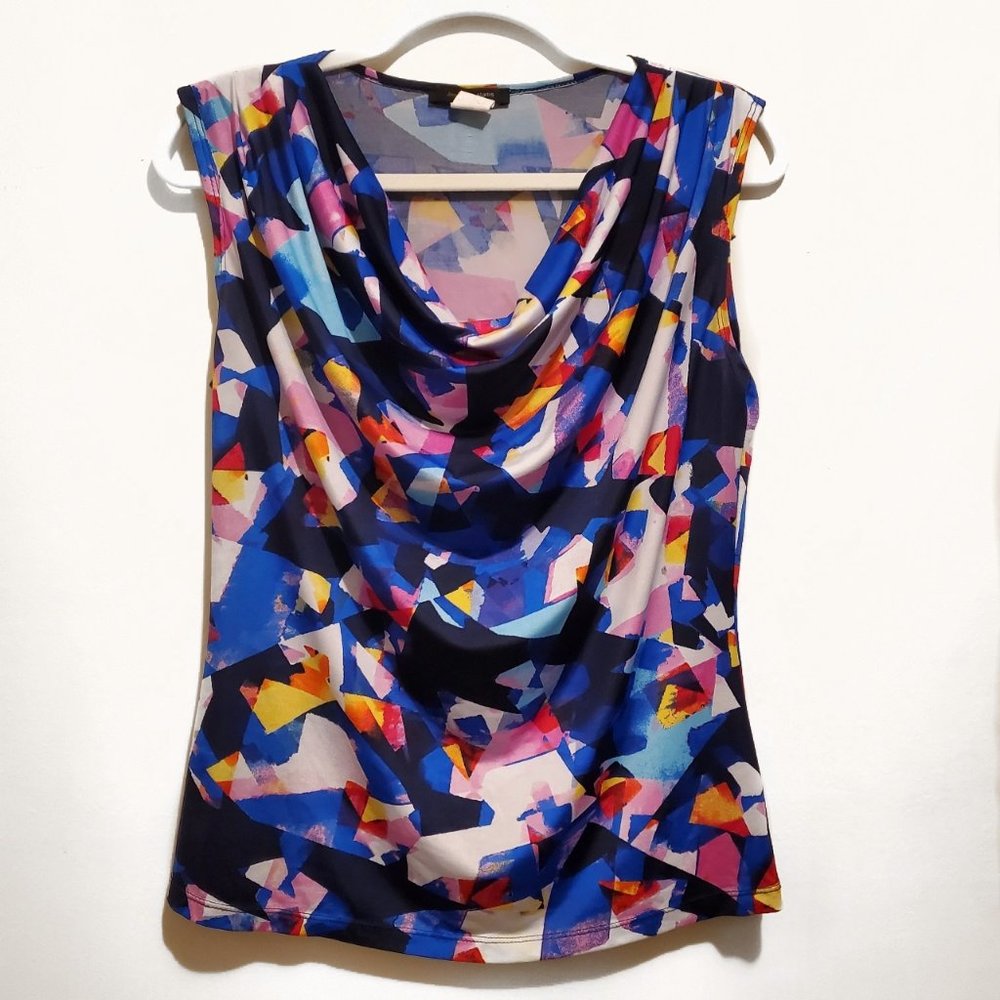 Jennie & Martis Sleeveless Stretchy Blue Multi Drape Neck Top Size Medium